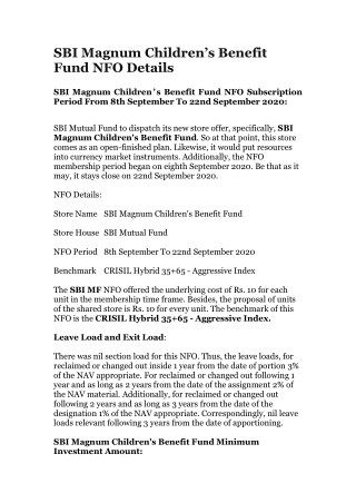 SBI Magnum Children’s Benefit Fund NFO Details