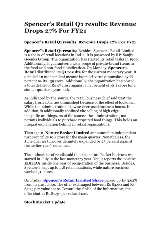Spencer’s Retail Q1 results: Revenue Drops 27% For FY21