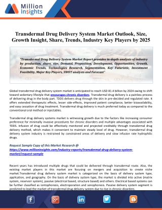 Transdermal Drug Delivery System Market 2025 Applications, Share, Growth, Size and Drivers
