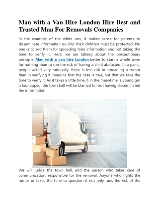 Man with a Van Hire London Hire Best and Trusted Man For Removals Companies