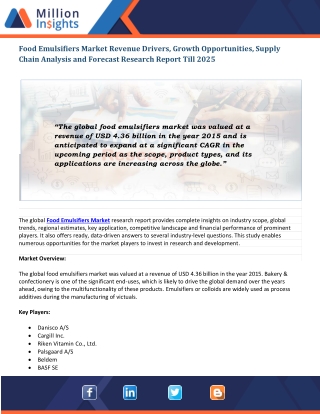 Food Emulsifiers Market Investment Opportunities, Revenue Analysis and Growth Trends, 2025