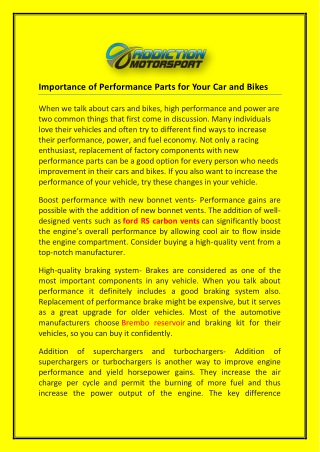 Importance of Performance Parts for Your Car and Bikes