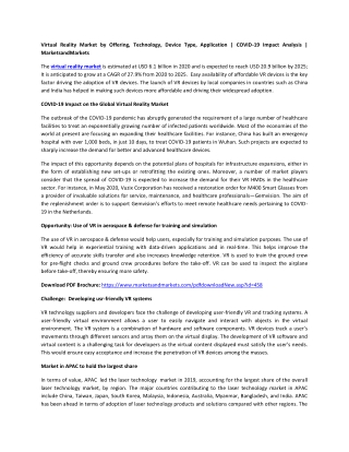 Virtual Reality Market by Offering, Technology, Device Type, Application | COVID-19 Impact Analysis | MarketsandMarkets