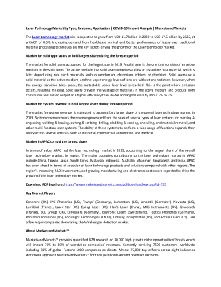 Laser Technology Market by Type, Revenue, Application | COVID-19 Impact Analysis | MarketsandMarkets