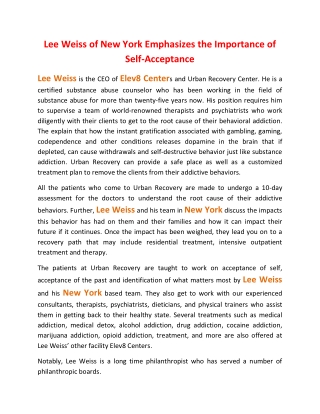 Lee Weiss of New York Emphasizes the Importance of Self-Acceptance