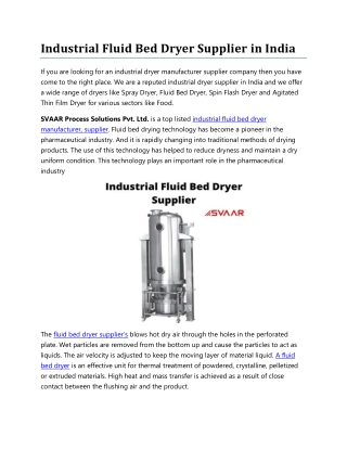 Industrial Fluid Bed Dryer Supplier in India