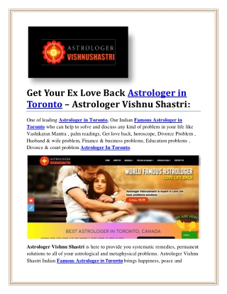 Get Your Ex Love Back Astrologer in Toronto – Astrologer Vishnu Shastri: