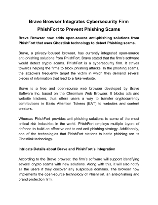 Brave Browser Integrates Cybersecurity Firm PhishFort to Prevent Phishing Scams