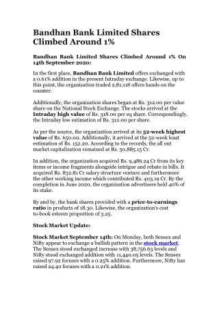 Bandhan Bank Limited Shares Climbed Around 1%
