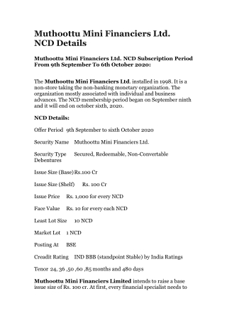Muthoottu Mini Financiers Ltd. NCD Details
