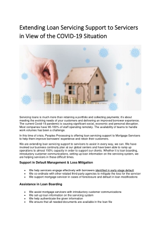 Extending Loan Servicing Support to Servicers in View of the COVID-19 Situation