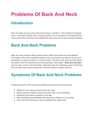 Problems Of Back And Neck