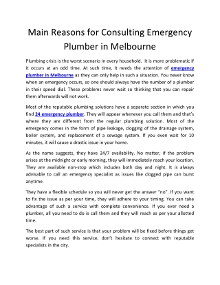 Main Reasons for Consulting Emergency Plumber In Melbourne