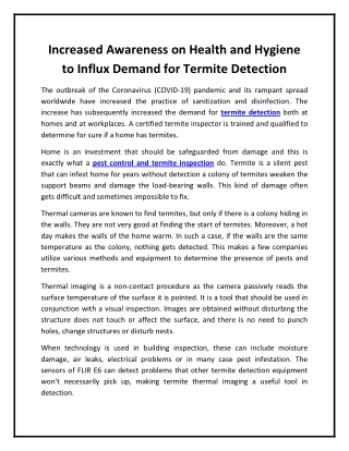 Increased Awareness on Health and Hygiene to Influx Demand for Termite Detection