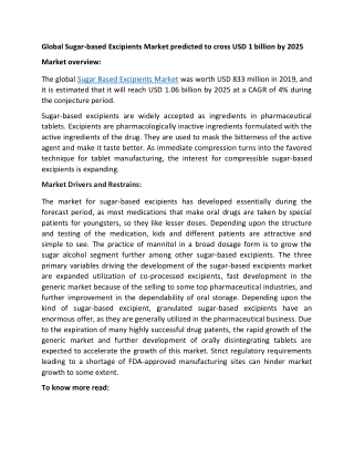 Increased investment in drug development fuels Global Sugar based Excipients Market