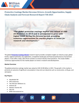 Protective Coatings Market Outlook | Key Development Opportunities| Forecast To 2025