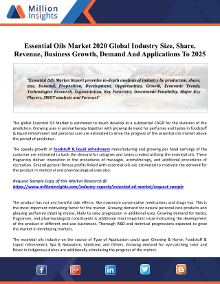 Essential Oils Market 2020 Driving Factors, Industry Growth, Key Vendors And Forecasts To 2025