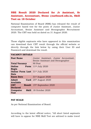 NBE Result 2020 Declared for Jr Assistant, Sr Assistant, Accountant