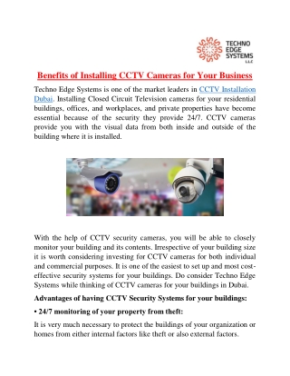 Benefits of Installing CCTV Cameras for Your Business