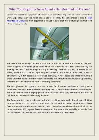 What You Ought To Know About Pillar Mounted Jib Cranes?