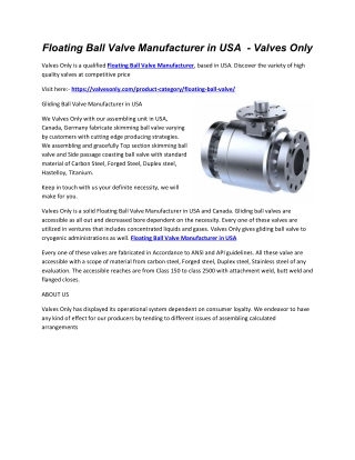 Floating Ball Valve Manufacturer in USA  - Valves Only