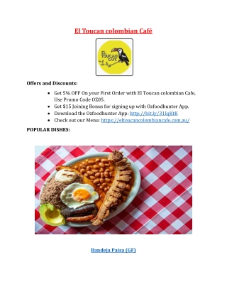 El Toucan colombian Cafe Restaurant Maribyrnong, VIC – 5% Off