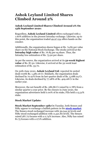 Ashok Leyland Limited Shares Climbed Around 2%