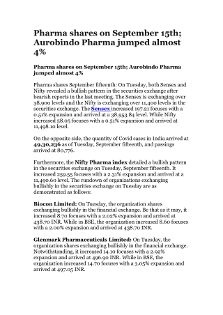 Pharma shares on September 15th; Aurobindo Pharma jumped almost 4%
