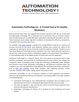 Automation Technology Inc.- A Trusted Source for Quality Machinery