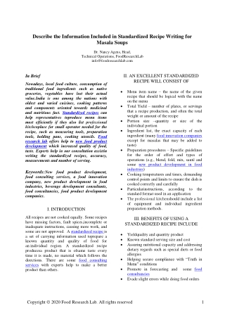 Describe the information included in standardized recipe writing for masala soups - FoodResearchLab