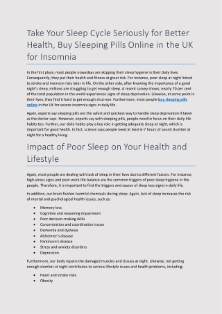 Take Your Sleep Cycle Seriously for Better Health, Buy Sleeping Pills Online in the UK for Insomnia