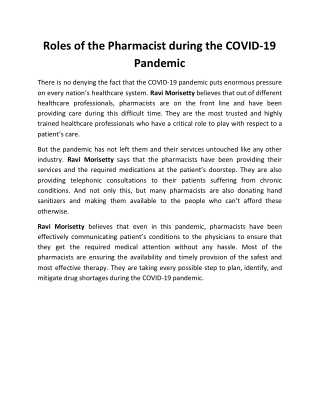 Ravi Morisetty: Roles of the Pharmacist during the COVID‐19 Pandemic