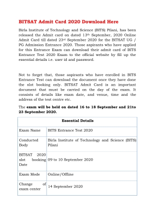 BITSAT Admit Card 2020 Download Here