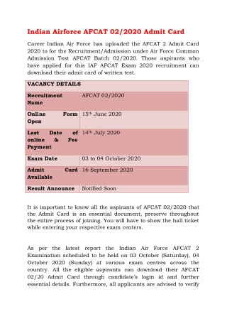 Indian Airforce AFCAT 02/2020 Admit Card