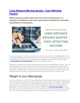 Long Distance Moving Quotes - Cost Affecting Factors