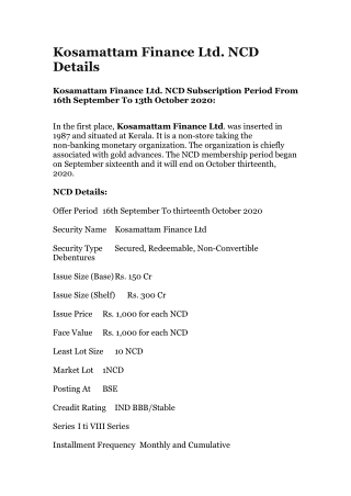 Kosamattam Finance Ltd NCD Details
