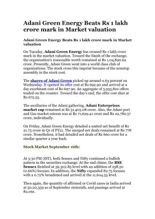 Adani Green Energy Beats Rs 1 lakh crore mark in Market valuation
