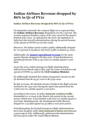 Indian Airlines Revenue dropped by 86% in Q1 of FY21