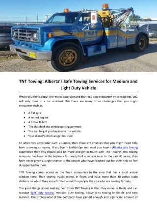 TNT Towing: Alberta’s Safe Towing Services for Medium and Light Duty Vehicle