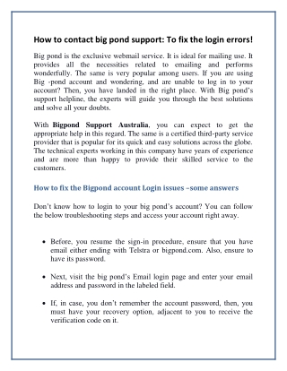 How to contact big pond support: To fix the login errors!