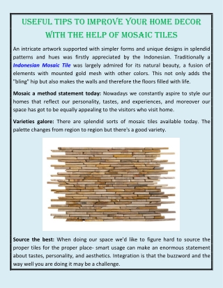 Useful Tips To Improve Your Home Decor With The Help Of Mosaic Tiles