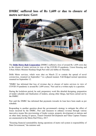 DMRC suffered loss of Rs 1,609 cr due to closure of metro services - Govt