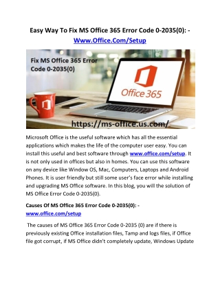 Easy Way To Fix MS Office 365 Error Code 0-2035(0): - Www.Office.Com/Setup