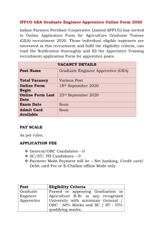 IFFCO GEA Graduate Engineer Apprentice Online Form 2020