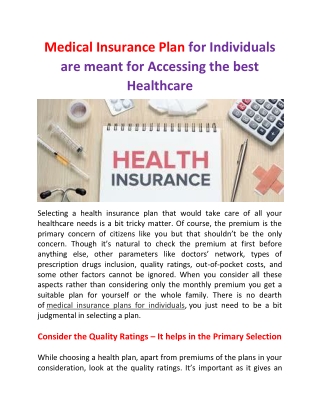 Medical Insurance Plan for Individuals are meant for Accessing the best Healthcare