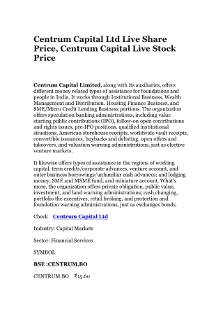 Centrum Capital Ltd Live Share Price, Centrum Capital Live Stock Price