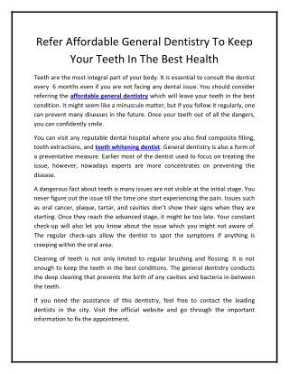 Refer Affordable General Dentistry To Keep Your Teeth In The Best Health