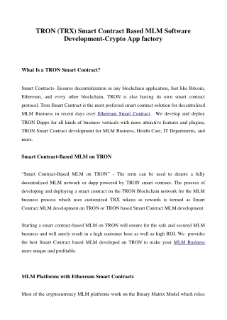 TRON (TRX) Smart Contract Based MLM Software Development-Crypto App factory