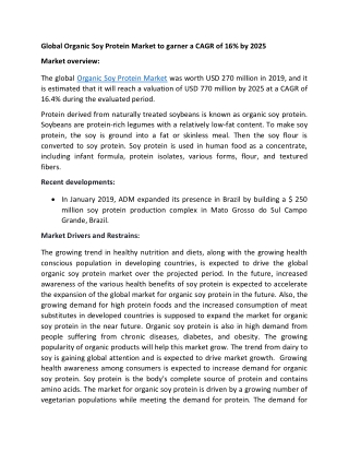 Global Organic Soy Protein Market to garner a CAGR of 16% by 2025