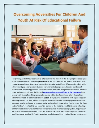 Overcoming Adversities For Children And Youth At Risk Of Educational Failure